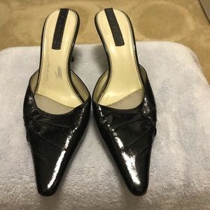 Black patent leather mules